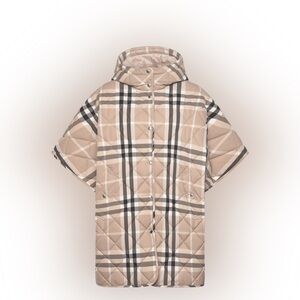 Burberry Beige Plaid Quilted Hooded Short-Sleeve Coat